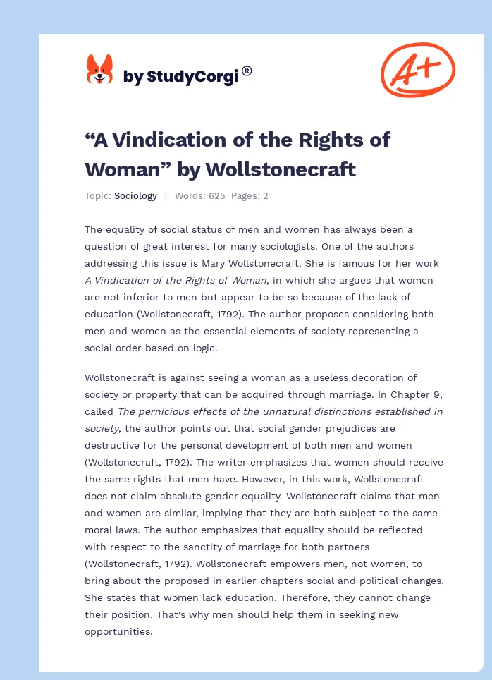 “A Vindication of the Rights of Woman” by Wollstonecraft. Page 1