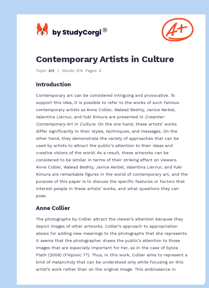 Contemporary Artists in Culture. Page 1