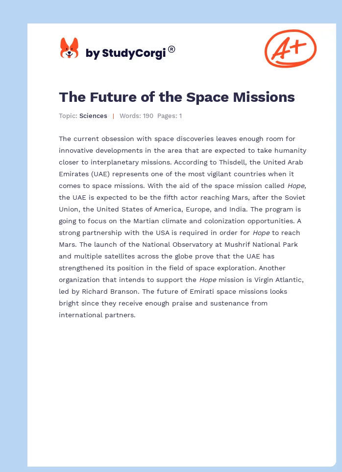 The Future of the Space Missions. Page 1