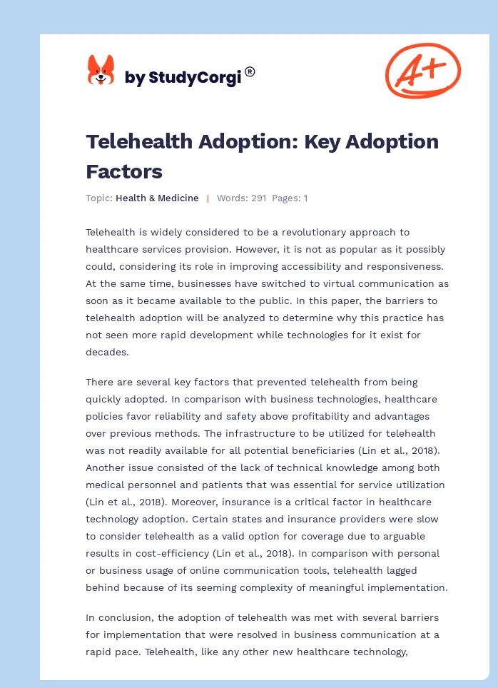Telehealth Adoption: Key Adoption Factors. Page 1