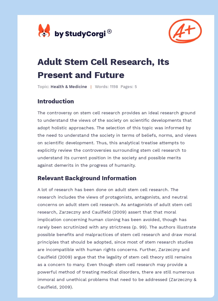 Adult Stem Cell Research, Its Present and Future. Page 1