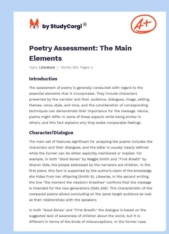 Poetry Assessment: The Main Elements. Page 1