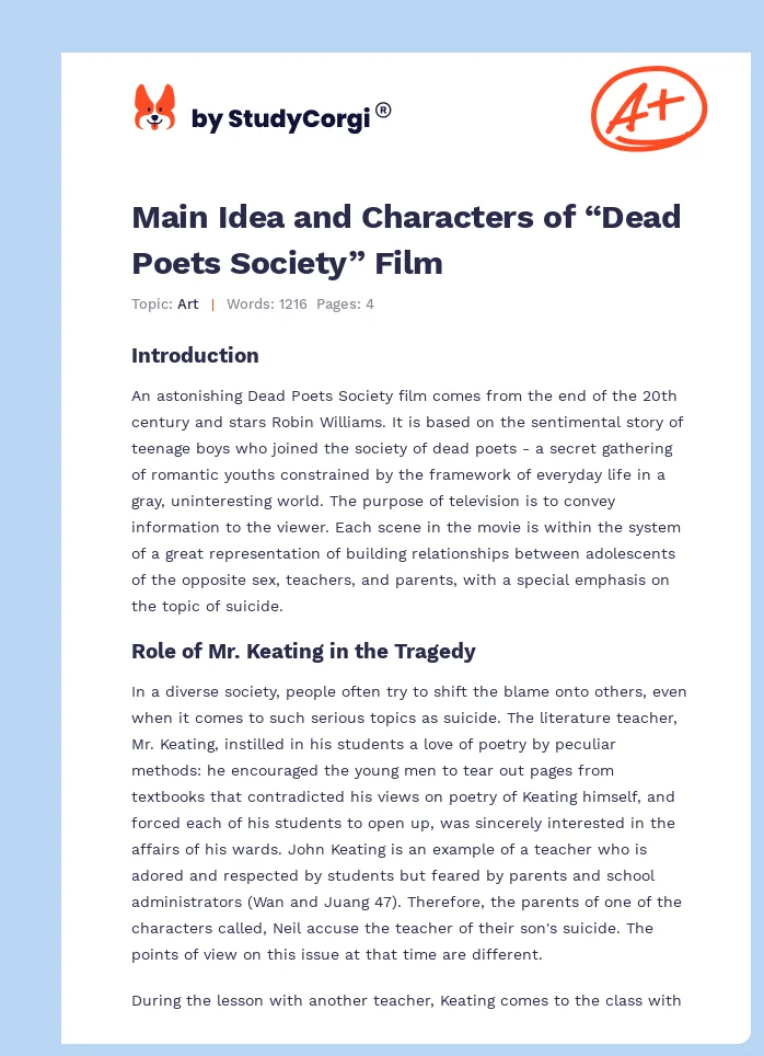 Main Idea and Characters of “Dead Poets Society” Film. Page 1