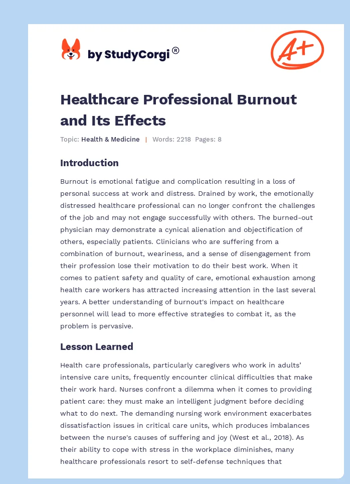 Healthcare Professional Burnout and Its Effects. Page 1