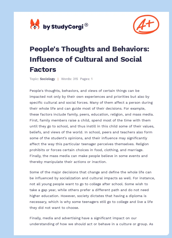 People's Thoughts and Behaviors: Influence of Cultural and Social Factors. Page 1