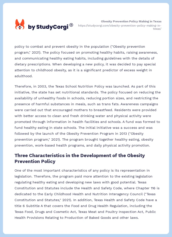 Obesity Prevention Policy Making in Texas. Page 2