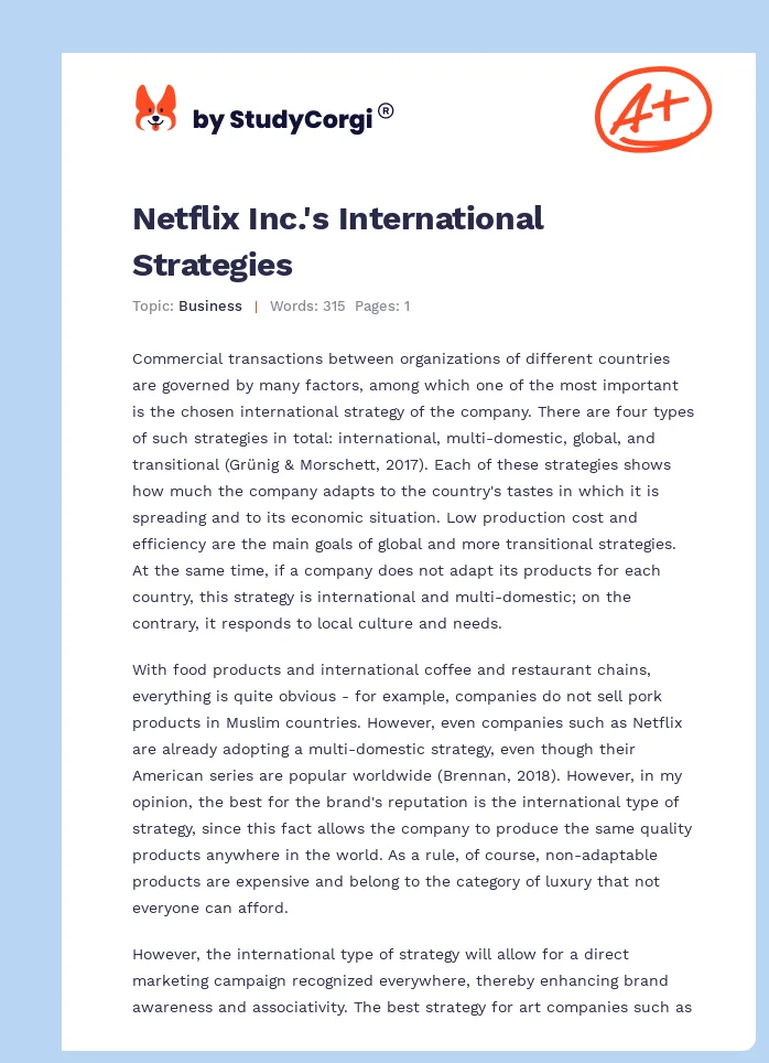 Netflix Inc.'s International Strategies. Page 1