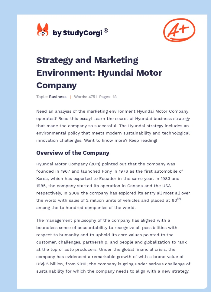 Strategy and Marketing Environment: Hyundai Motor Company. Page 1