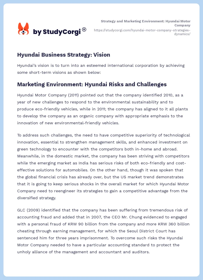 Strategy and Marketing Environment: Hyundai Motor Company. Page 2