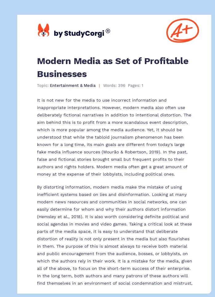 Modern Media as Set of Profitable Businesses. Page 1