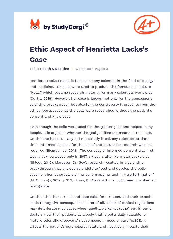 Ethic Aspect of Henrietta Lacks’s Case. Page 1