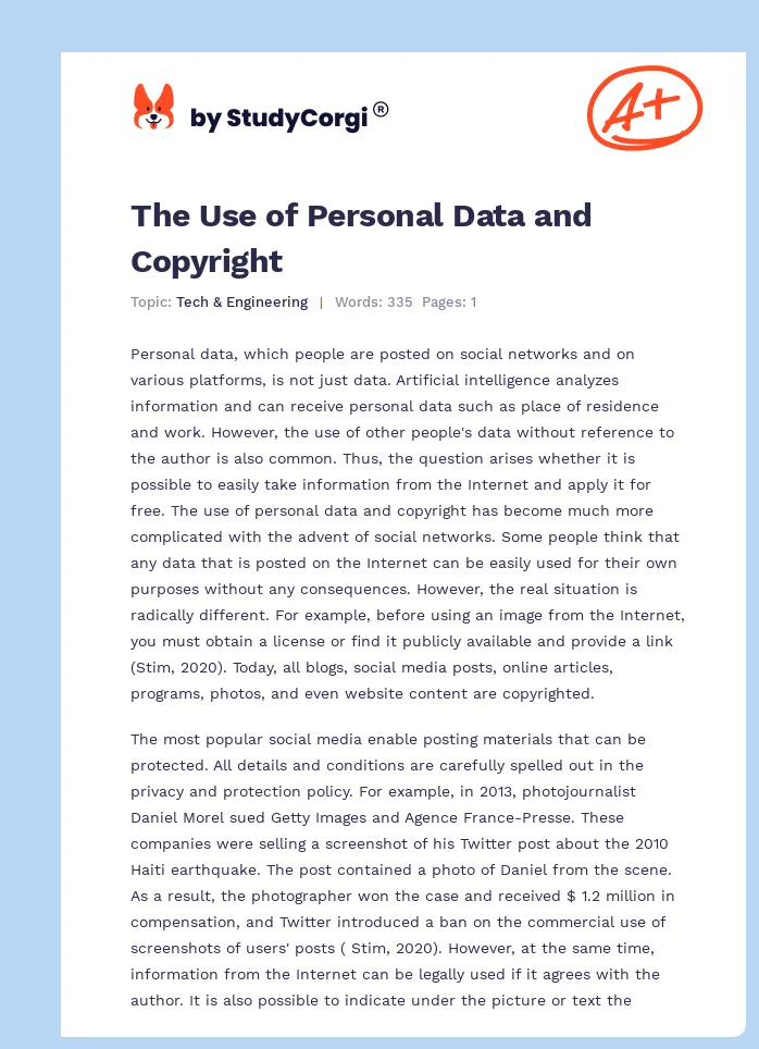 The Use of Personal Data and Copyright. Page 1