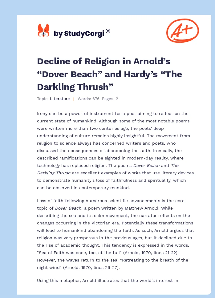 Decline of Religion in Arnold’s “Dover Beach” and Hardy’s “The Darkling Thrush”. Page 1