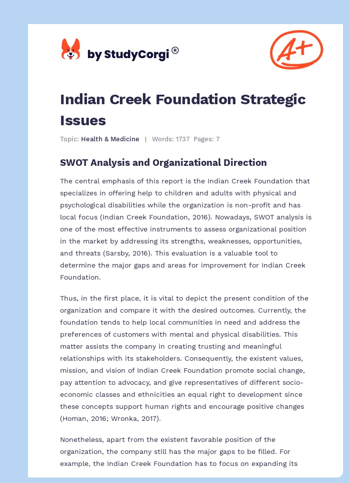 Indian Creek Foundation Strategic Issues. Page 1