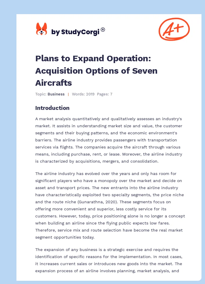Plans to Expand Operation: Acquisition Options of Seven Aircrafts. Page 1