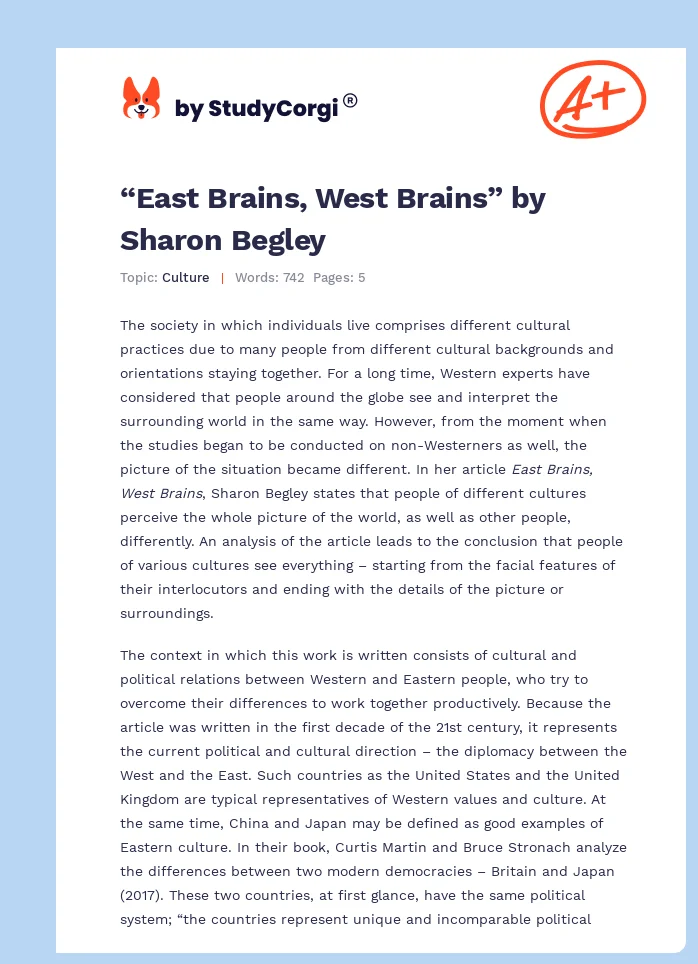“East Brains, West Brains” by Sharon Begley. Page 1