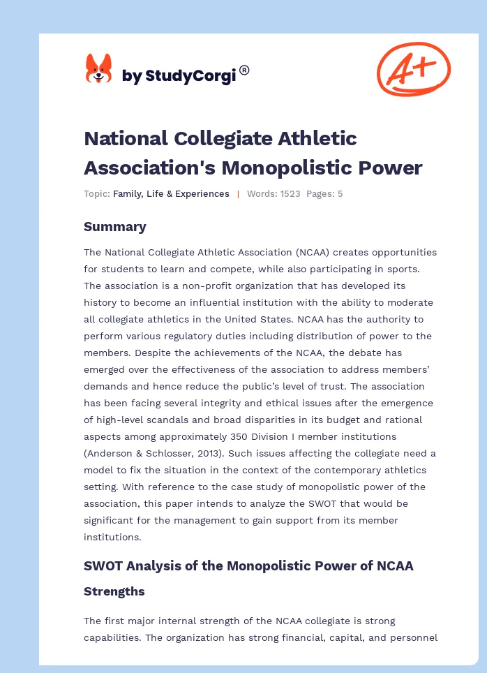National Collegiate Athletic Association's Monopolistic Power. Page 1