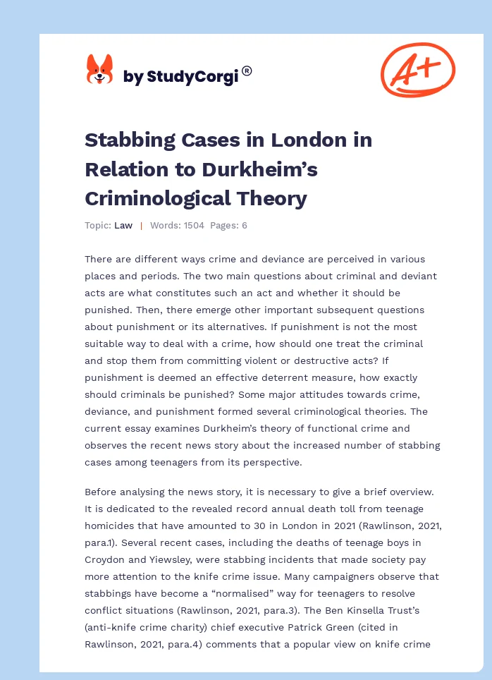 Stabbing Cases in London in Relation to Durkheim’s Criminological Theory. Page 1