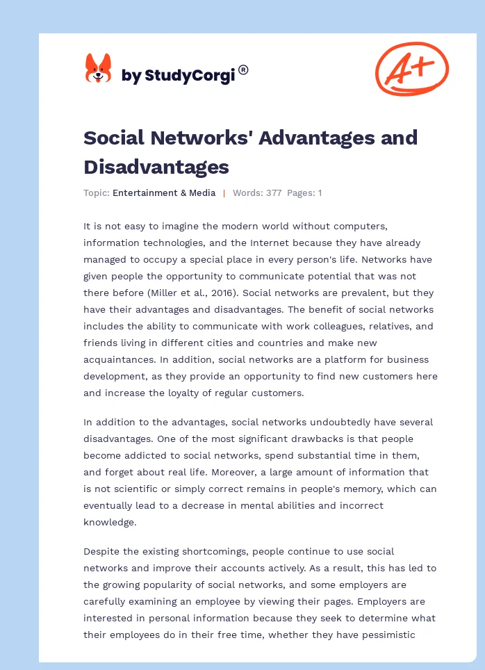 Social Networks' Advantages and Disadvantages. Page 1