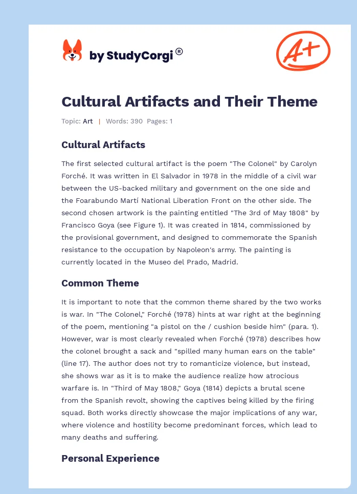 Cultural Artifacts and Their Theme. Page 1