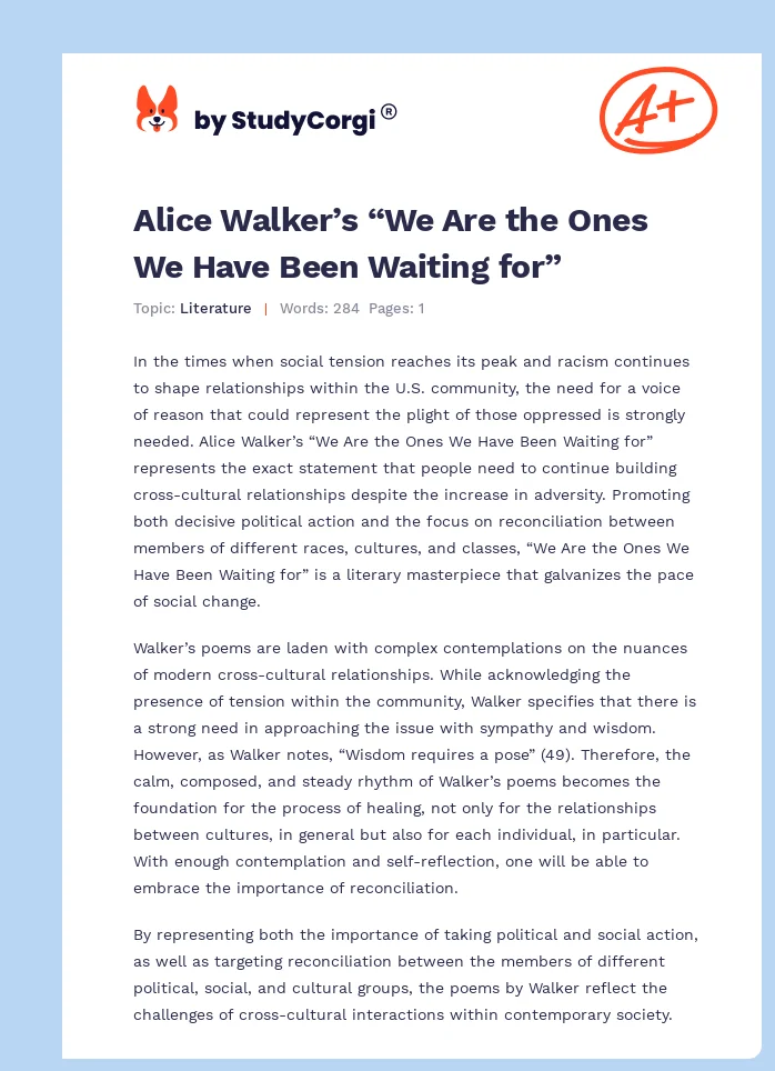 Alice Walker’s “We Are the Ones We Have Been Waiting for”. Page 1