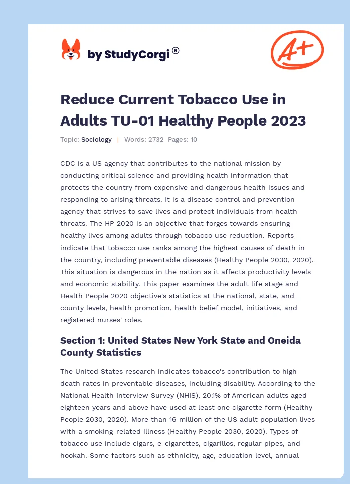 Reduce Current Tobacco Use in Adults TU-01 Healthy People 2023. Page 1