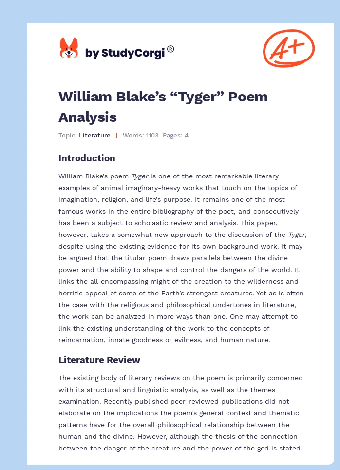 William Blake’s “Tyger” Poem Analysis. Page 1