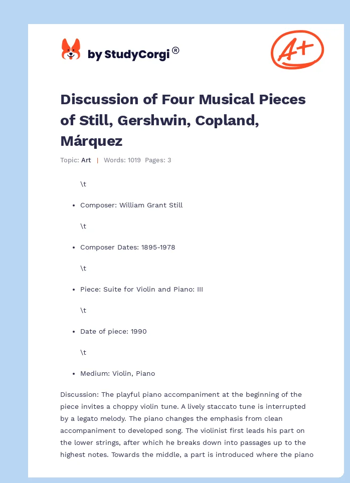 Discussion of Four Musical Pieces of Still, Gershwin, Copland, Márquez. Page 1