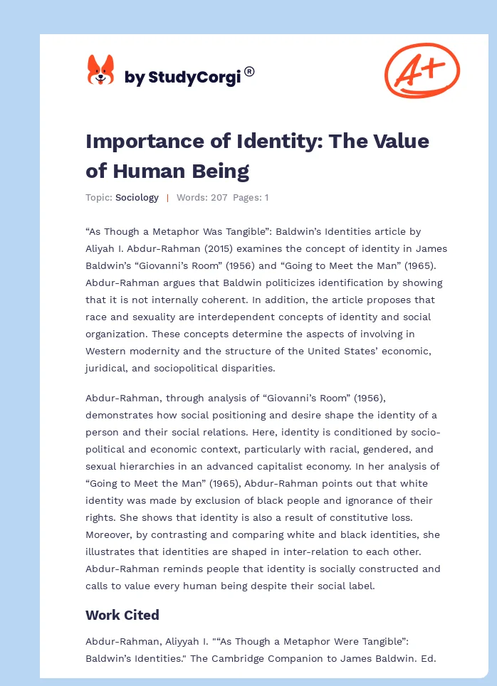 Importance of Identity: The Value of Human Being. Page 1