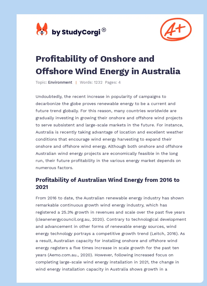 Profitability of Onshore and Offshore Wind Energy in Australia. Page 1