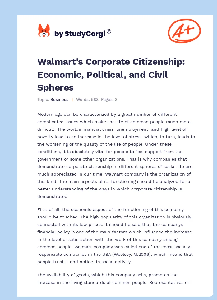 Walmart’s Corporate Citizenship: Economic, Political, and Civil Spheres. Page 1