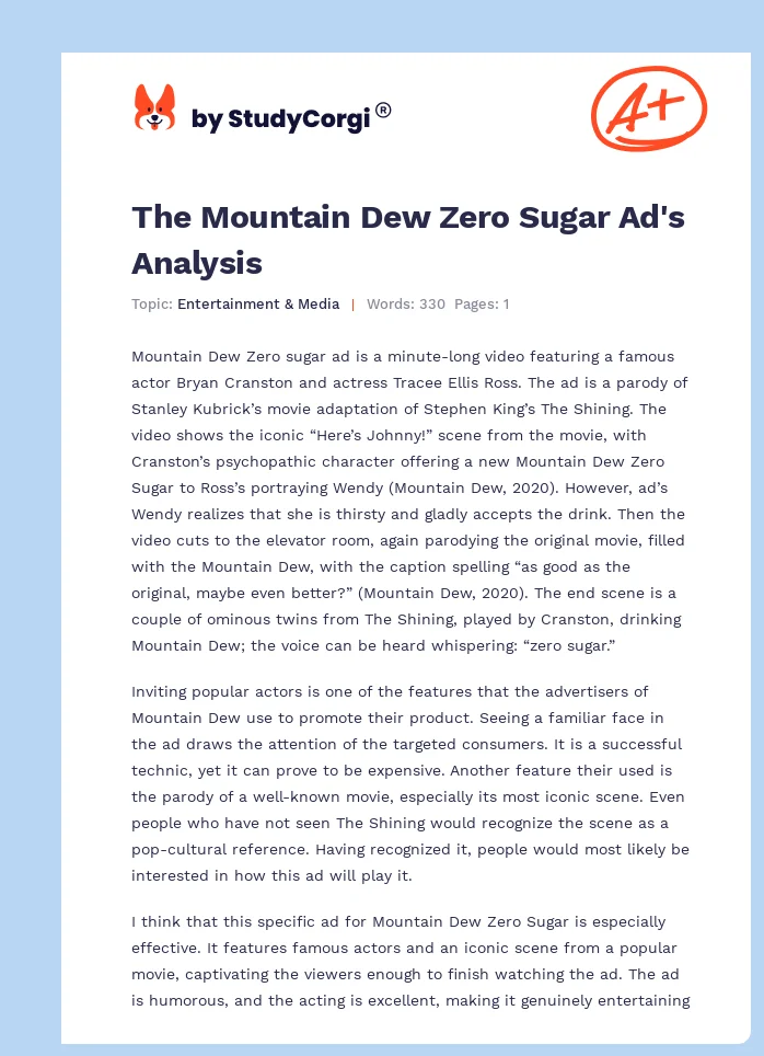 The Mountain Dew Zero Sugar Ad's Analysis. Page 1