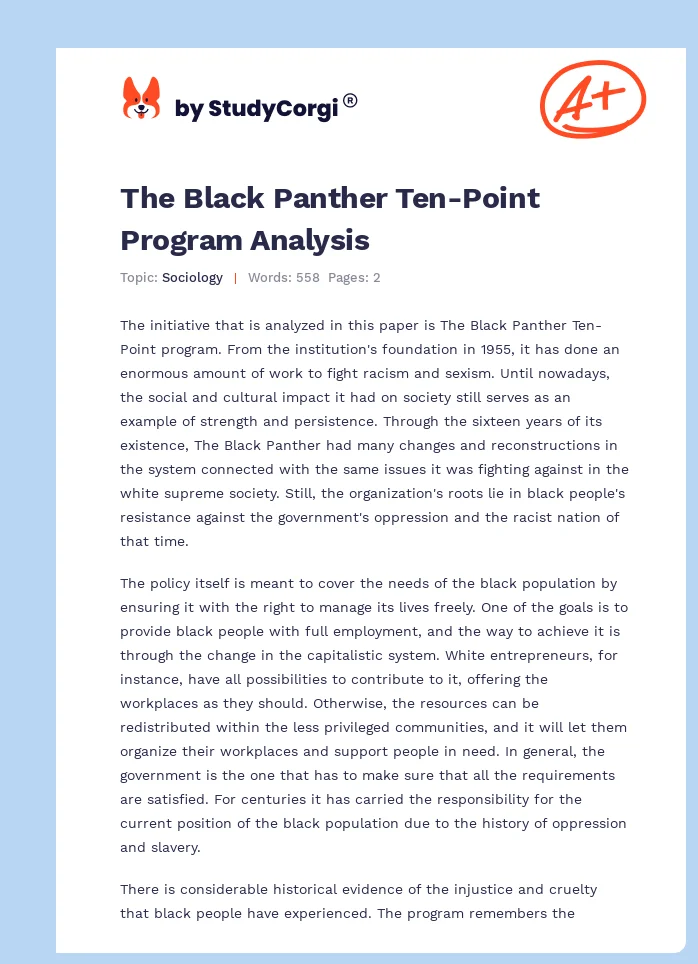 The Black Panther Ten-Point Program Analysis. Page 1