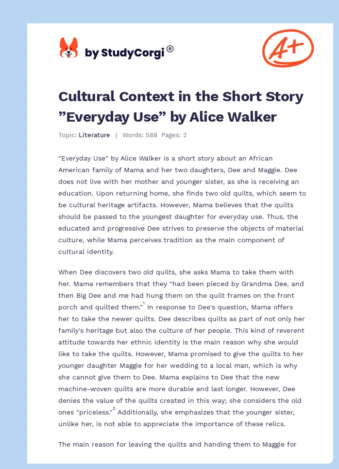 Cultural Context in the Short Story ”Everyday Use” by Alice Walker. Page 1