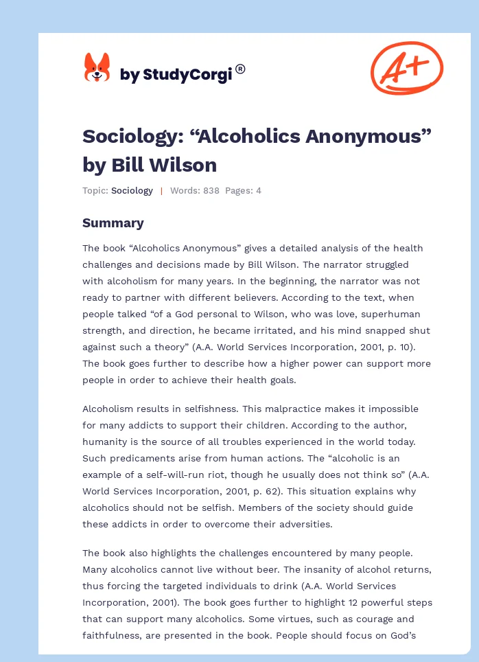 Sociology: “Alcoholics Anonymous” by Bill Wilson. Page 1