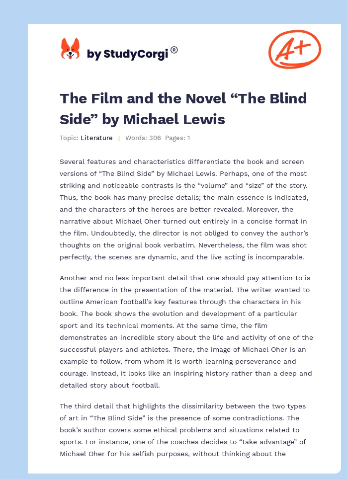 The Film and the Novel “The Blind Side” by Michael Lewis. Page 1