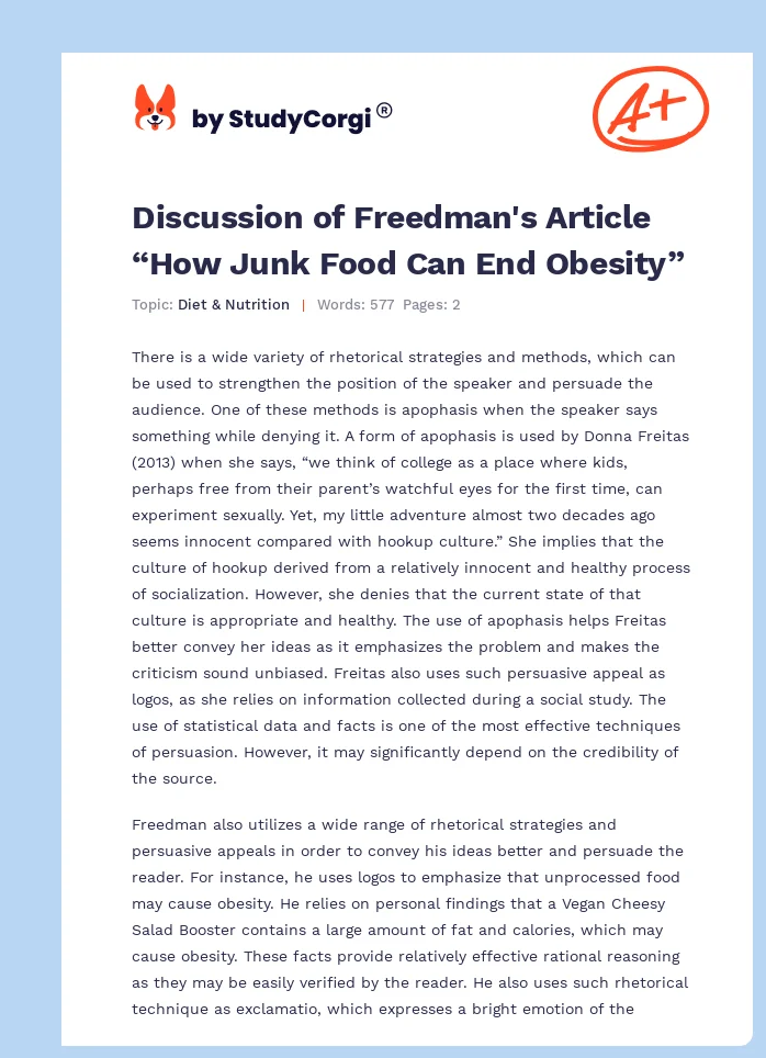 Discussion of Freedman's Article “How Junk Food Can End Obesity”. Page 1