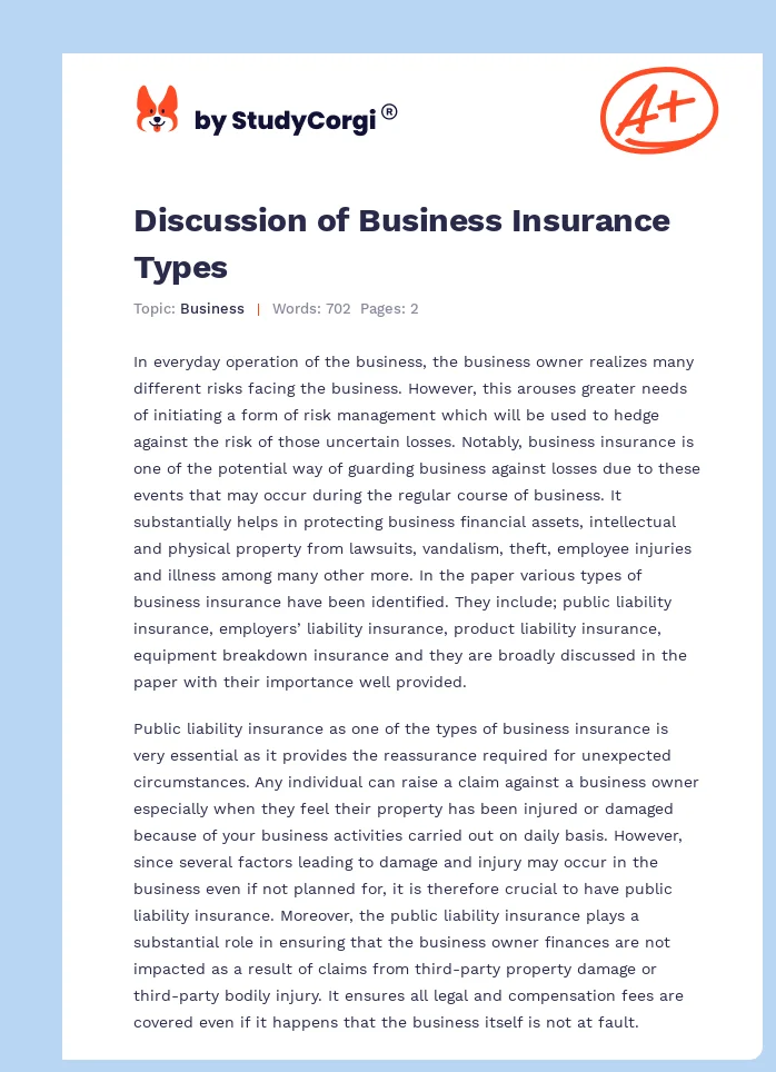 Discussion of Business Insurance Types. Page 1