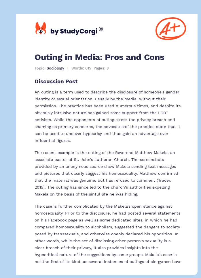 Outing in Media: Pros and Cons. Page 1
