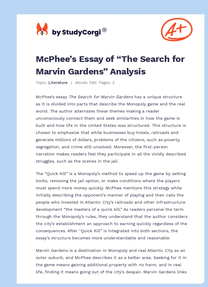 McPhee’s Essay of “The Search for Marvin Gardens” Analysis. Page 1