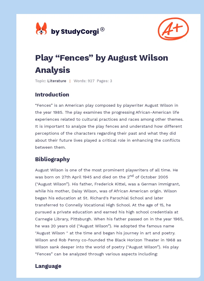 Play “Fences” by August Wilson Analysis. Page 1
