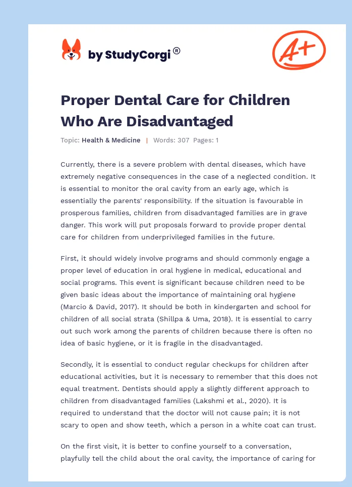 Proper Dental Care for Children Who Are Disadvantaged. Page 1