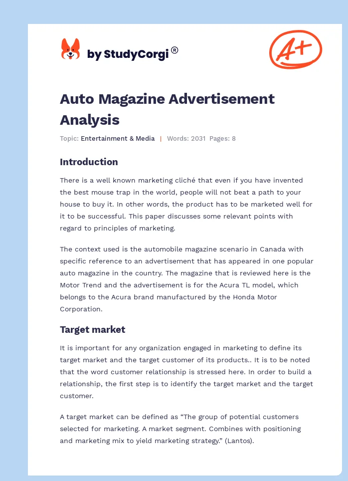 Auto Magazine Advertisement Analysis. Page 1