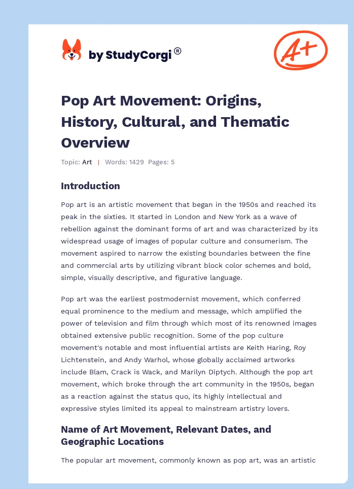 Pop Art Movement: Origins, History, Cultural, and Thematic Overview. Page 1