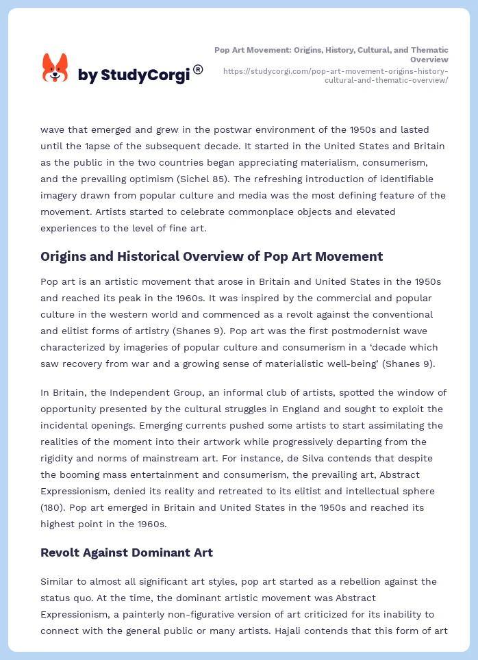 Pop Art Movement: Origins, History, Cultural, and Thematic Overview. Page 2