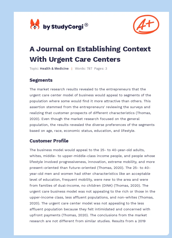 A Journal on Establishing Context With Urgent Care Centers. Page 1