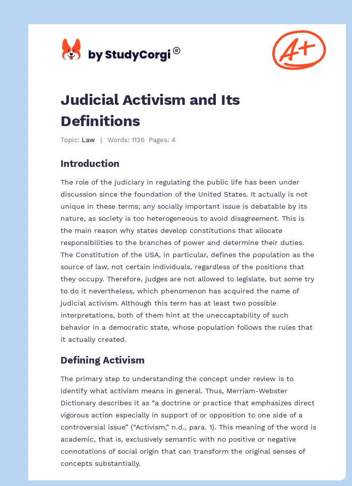 Judicial Activism and Its Definitions. Page 1