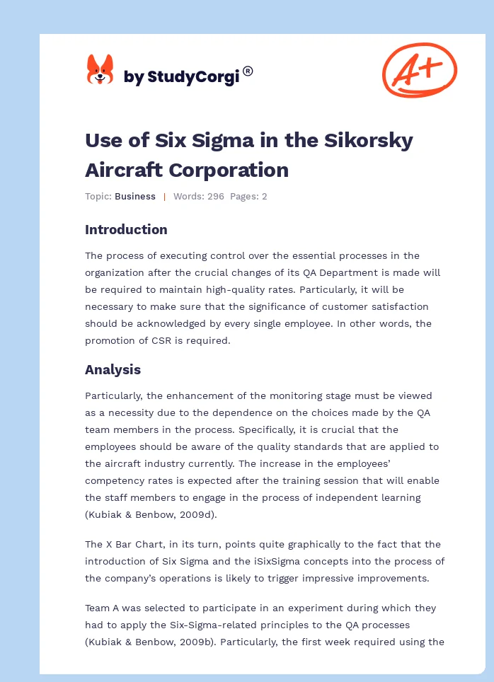 Use of Six Sigma in the Sikorsky Aircraft Corporation. Page 1