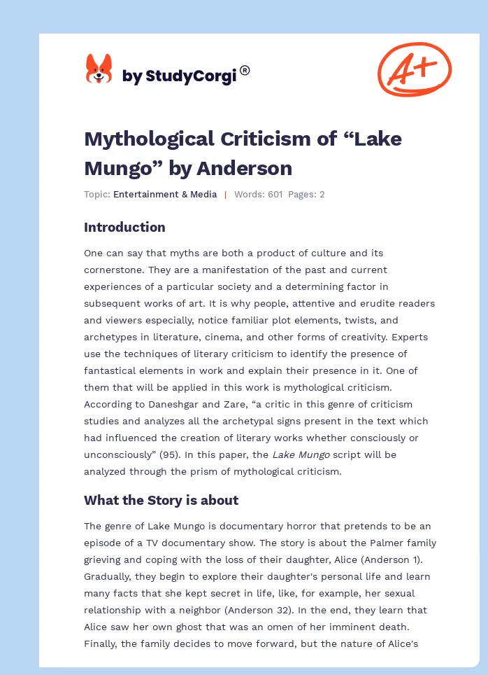 Mythological Criticism of “Lake Mungo” by Anderson. Page 1