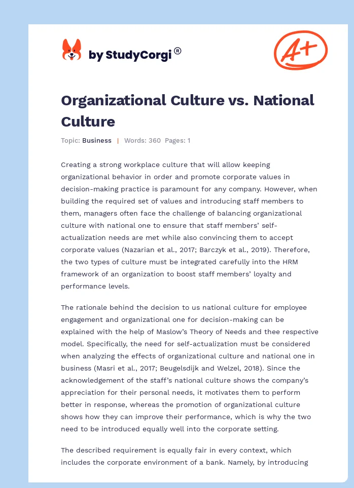 Organizational Culture vs. National Culture. Page 1